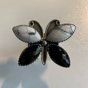 Sterling Silver 925 Black Onyx and Howlite Stone Butterfly Ring